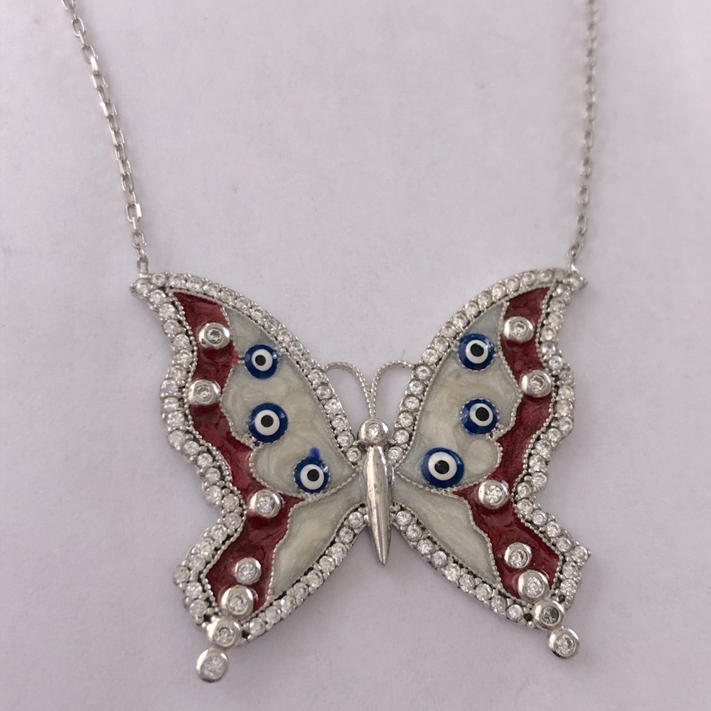 Red butterfly 925 silver evil eye necklace handmade enamel zirconia cz stones